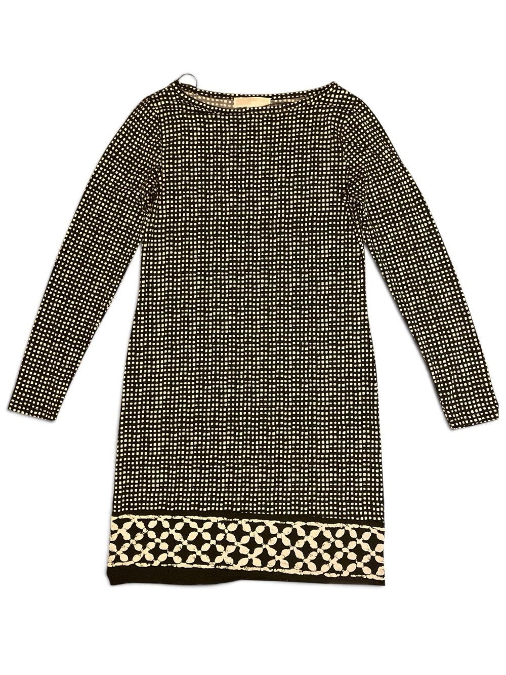 Michael Kors Black and Cream Long-Sleeve Patterned Shift Dress